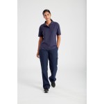 A women's navy blue polo shirt designed for use on construction sites and in industrial work environments.,