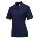 A women's navy blue polo shirt designed for use on construction sites and in industrial work environments.,