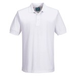A white polo shirt designed for use on construction sites and in industrial work environments.,