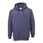 A navy blue sweatshirt designed for use on construction sites and in industrial work environments.,