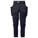 A pair of black work trousers designed for use on construction sites and in industrial work environments.,