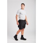A pair of black work trousers designed for use on construction sites and in industrial work environments.,