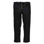 A pair of black work trousers featuring flame-resistant fabric, suitable for a wide range of outdoor and site work applications.
