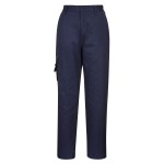 A pair of women's navy blue work trousers designed for use on construction sites and in industrial work environments.,