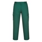 A pair of green work trousers designed for use on construction sites and in industrial work environments.,