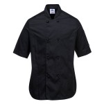 A women's black jacket designed for use on construction sites and in industrial work environments.,