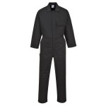 A black coverall designed for use on construction sites and in industrial work environments.,