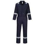 A navy blue coverall designed for use on construction sites and in industrial work environments.,