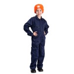 A navy blue coverall designed for use on construction sites and in industrial work environments.,