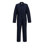 A navy blue coverall designed for use on construction sites and in industrial work environments.,