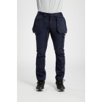 A pair of navy blue work trousers featuring stretch panels for ease of movement, suitable for a wide range of outdoor and site work applications.