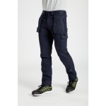 A pair of navy blue work trousers featuring stretch panels for ease of movement, suitable for a wide range of outdoor and site work applications.