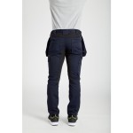A pair of navy blue work trousers featuring stretch panels for ease of movement, suitable for a wide range of outdoor and site work applications.