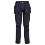 A pair of navy blue work trousers featuring stretch panels for ease of movement, suitable for a wide range of outdoor and site work applications.