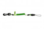 A green coiled lanyard with black clasps on both ends, one end featuring a carabiner clip and the other with a small loop and quick-release attachment.