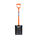 A shovel with an orange handle and a square black metal blade, standing upright against a white background.