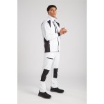 A white jacket featuring stretch panels for ease of movement, suitable for a wide range of outdoor and site work applications.