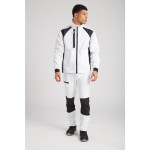 A white jacket featuring stretch panels for ease of movement, suitable for a wide range of outdoor and site work applications.