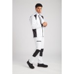 A white jacket featuring stretch panels for ease of movement, suitable for a wide range of outdoor and site work applications.