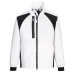 A white jacket featuring stretch panels for ease of movement, suitable for a wide range of outdoor and site work applications.