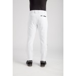 A pair of white work trousers featuring stretch panels for ease of movement, suitable for a wide range of outdoor and site work applications.