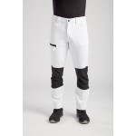 A pair of white work trousers featuring stretch panels for ease of movement, suitable for a wide range of outdoor and site work applications.