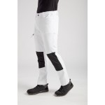 A pair of white work trousers featuring stretch panels for ease of movement, suitable for a wide range of outdoor and site work applications.