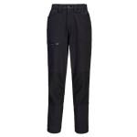 A pair of women's black work trousers featuring stretch panels for ease of movement, suitable for a wide range of outdoor and site work applications.