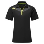 A women's black polo shirt designed for use on construction sites and in industrial work environments.,