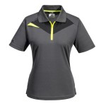 A women's grey polo shirt designed for use on construction sites and in industrial work environments.,