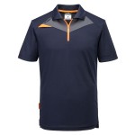 A navy blue polo shirt designed for use on construction sites and in industrial work environments.,