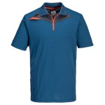 A blue polo shirt designed for use on construction sites and in industrial work environments.,