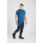 A blue polo shirt designed for use on construction sites and in industrial work environments.,