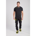 A black work shirt designed for use on construction sites and in industrial work environments.,