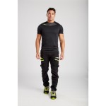 A black work shirt designed for use on construction sites and in industrial work environments.,