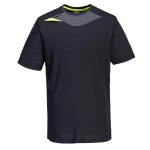 A black work shirt designed for use on construction sites and in industrial work environments.,