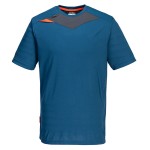 A blue work shirt designed for use on construction sites and in industrial work environments.,