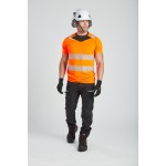 A high-visibility orange work shirt featuring retroreflective tape panels, suitable for a wide range of outdoor and site work applications.