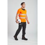 A high-visibility orange work shirt featuring retroreflective tape panels, suitable for a wide range of outdoor and site work applications.