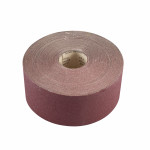 A large roll of reddish-brown sandpaper with the abrasive side facing outward, coiled tightly with the inner cardboard core visible.