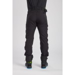 A pair of black work trousers designed for use on construction sites and in industrial work environments.,