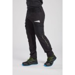 A pair of black work trousers designed for use on construction sites and in industrial work environments.,
