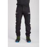 A pair of black work trousers designed for use on construction sites and in industrial work environments.,