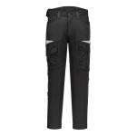 A pair of black work trousers designed for use on construction sites and in industrial work environments.,