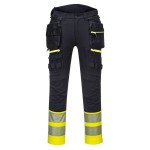 A pair of high-visibility yellow trousers featuring retroreflective tape panels, functional pockets, suitable for a wide range of outdoor and site work applications.