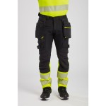 A pair of high-visibility yellow trousers featuring retroreflective tape panels, functional pockets, suitable for a wide range of outdoor and site work applications.