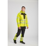 A pair of high-visibility yellow trousers featuring retroreflective tape panels, functional pockets, suitable for a wide range of outdoor and site work applications.