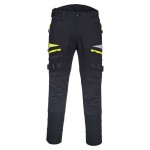 A pair of black work trousers designed for use on construction sites and in industrial work environments.,
