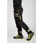 A pair of black work trousers designed for use on construction sites and in industrial work environments.,