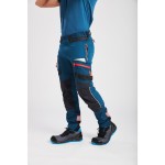 A pair of blue work trousers designed for use on construction sites and in industrial work environments.,